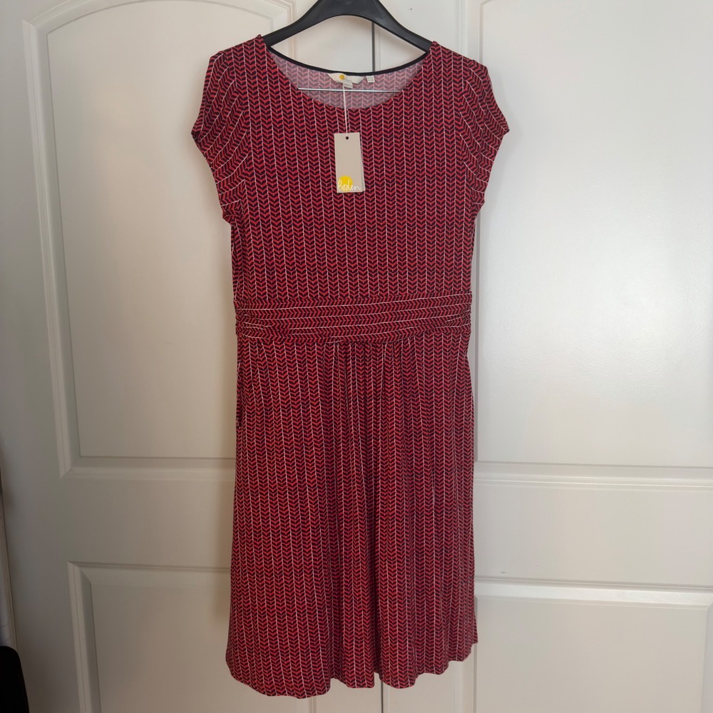 Boden Women Red Navy Chevron Jersey Dress Short Sleeve Petite 10P NWT